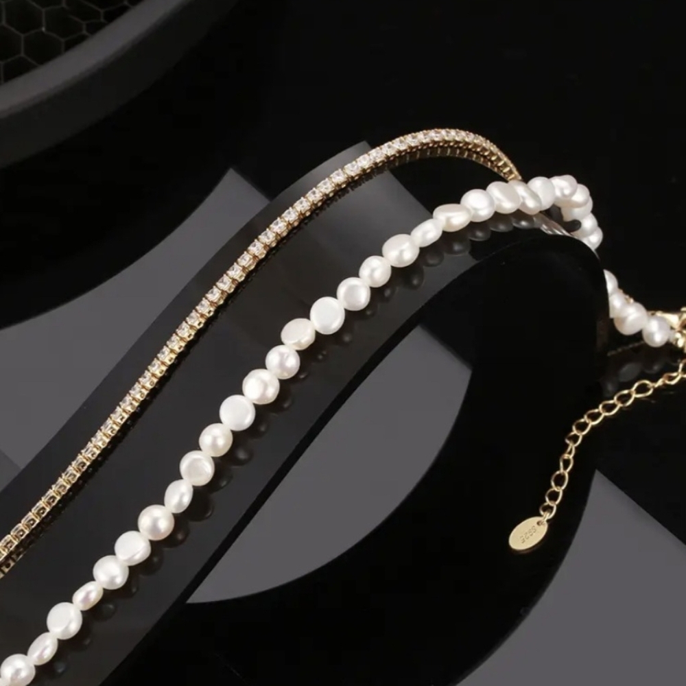 💛🤍NEW💛🤍 STUNNING!! S925 CZ Half Tennis & Half Freshwater Pearl Necklace